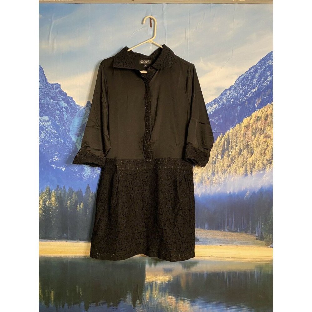 Speigel Little Black Dress Button Top with Flared Eyelet Skirt Size 14